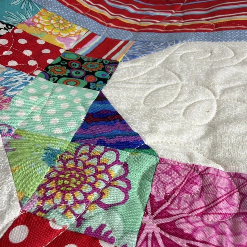 Huge Vintage Patchwork Quilt Retro Floral Geometric Mod Multi-Color 57" X 44" - Picture 7 of 7